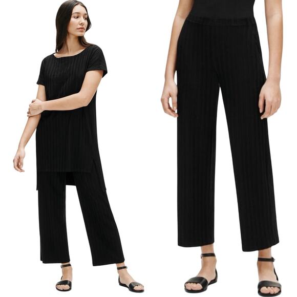 Eileen Fisher Pants L Black Tencel Wide Rib Straight Elastic Waist Pockets NWT - Picture 1 of 13